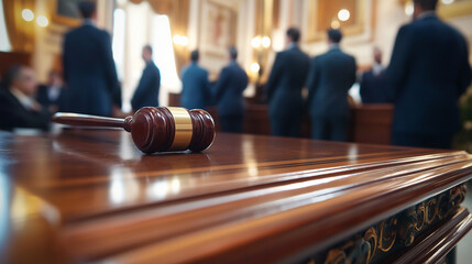 A judge's gavel rests on a wooden table with a group of formally dressed individuals blurred in the background.
