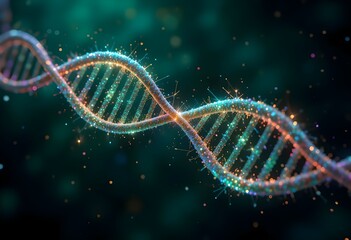 vibrant 3D DNA double helix glowing with multicolored lights, set against a dark, blurred background