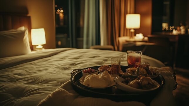 Luxurious hotel room with a tray of gourmet food and drinks on a cozy bed, evening ambiance