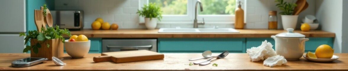 Still life of empty table with scattered utensils and appliances in kitchen background, still life photography, modern decor, clean kitchen