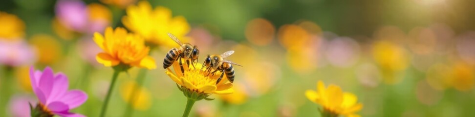 Yellow and black striped bee flies over colorful flowers in a sunny meadow, sunny, insects