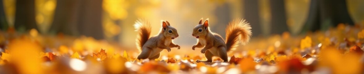 Obraz premium Squirrel siblings chasing each other through autumn leaves, toys, play, outdoor