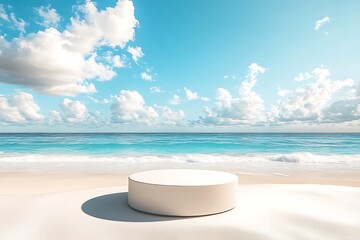 Round Podium on a Sandy Beach with Ocean View, White Sand, Blue Sky and Puffy Clouds