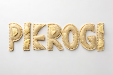 Pierogi spelled using dumpling-shaped dough letters with mini pierogi toppings on white background
