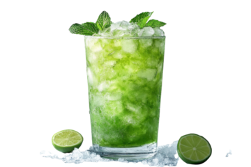 Refreshing green mint lime iced drink perfect summer cooler vibrant color ice cubes black background