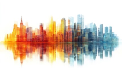 Obraz premium Breathtaking vibrant cityscape skyline reflecting in water at sunset or dawn with modern skyscrapers office buildings and a futuristic