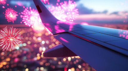 View of an airplane wing mid-flight with fireworks illuminating the sky over a city at dusk.
