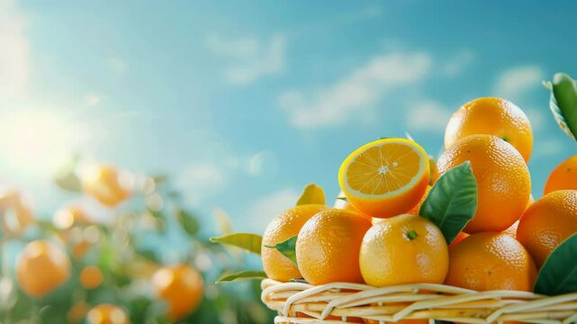 A woven basket is filled with fresh, bright orange citrus fruits, possibly navel oranges given their appearance, with a sliced orange on top, set against a blurred background 