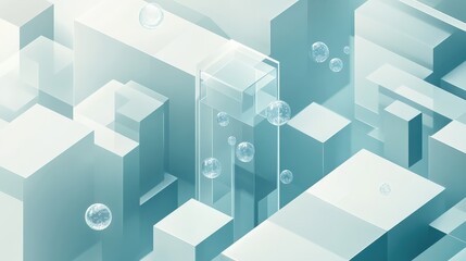 Fototapeta premium Abstract composition of translucent geometric shapes with bubbles in a serene blue environment