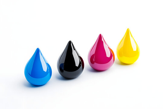 color ink droplets isolated close up printing concept, vibrant cyan black magenta yellow liquid drops arranged in row on white background, CMYK color model representation for graphic design, digital p