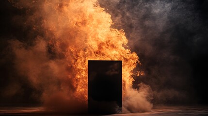A black podium engulfed in dramatic fire and smoke rising into the air