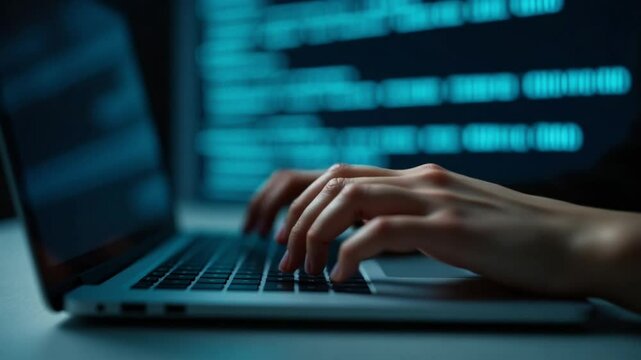 Close-up of Hands Typing on Laptop Keyboard with Lines of Code on Screen in Dark Room, Cybersecurity or Programming Concept