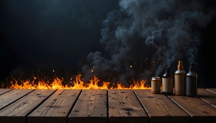 Dramatic Fire and Smoke Display: Metal Containers on Wooden Surface