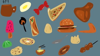set of food doodle with grey background 