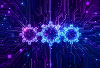 Futuristic digital art featuring three interlocking gears in neon blue and pink, set against a dark circuit board background, conveying technology and innovation