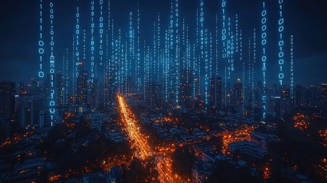 A digital cityscape featuring glowing binary code and network connections, symbolizing the technological elements of AI in urbanization. The dark - blue background sets a strong contrast.