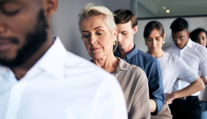 Fototapeta premium Business, people and waiting in diversity line together, hr recruitment queue for company collaboration. Professional, hiring and employee and onboarding and agency vacancy, interview and worker