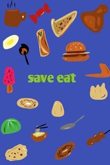 set of foods doodle with blue background 
