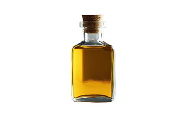Amber liquid in a clear glass bottle with a cork stopper against a black background Rich golden hues shine