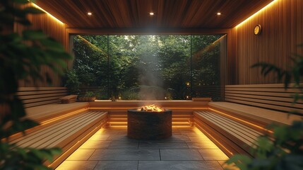Luxurious wooden sauna with forest view