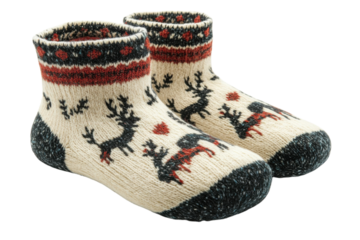 Cozy cream wool socks with reindeer pattern perfect for winter warmth detailed knit dark background