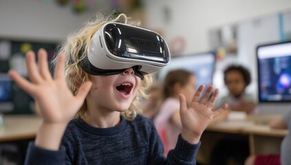 Young child experiencing virtual reality in a classroom setting.