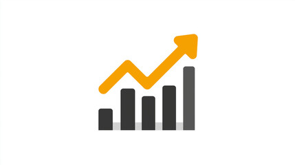 Flat icon of a bar chart with an upward arrow isolated on white background for business growth and financial success concepts