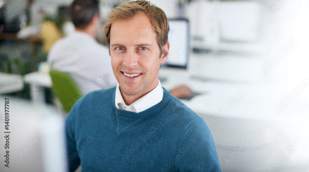 Fototapete Portrait, businessman and computer in modern office for coding, web development and programming. Male person, software and pride at desk for engineering, technology and data processing for company