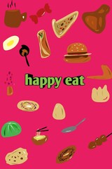 set of food with pink background with words "happy eat"
