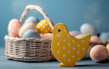 Obraz premium Easter Eggs in Basket with Wooden Chick Decoration Spring Celebration