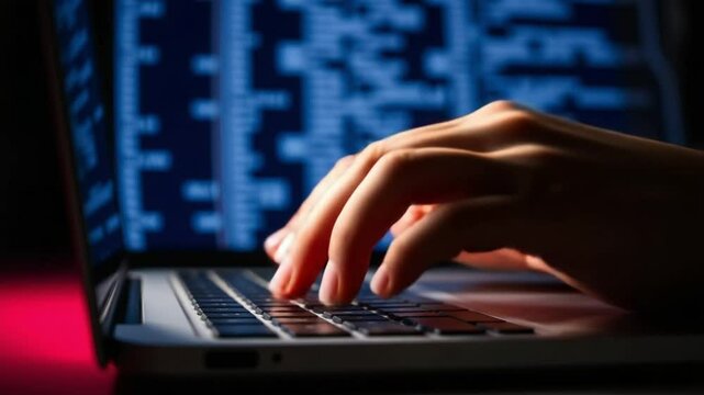 Close-up of Hands Typing on Laptop Keyboard with Lines of Code on Screen in Dark Room, Cybersecurity or Programming Concept