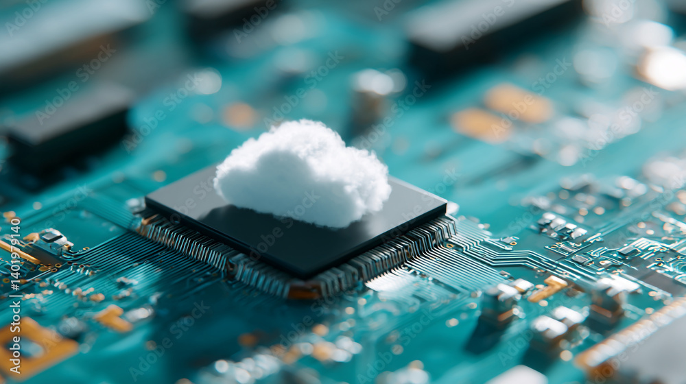 Poster cloud computing technology concept with cpu and cloud for data storage and internet services