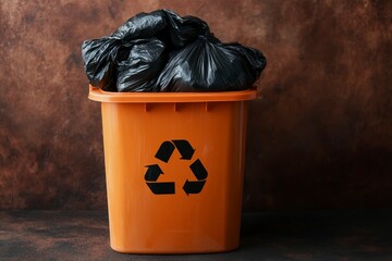 Garbage Overflowing From Recycling Bin with Black Bags for Environmental Awareness