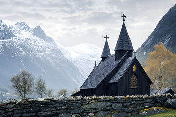 wooden church mountain landscape winter close up architecture scene, historic nordic stave church surrounded by snowy alpine valley, dramatic sky and stone wall foreground, traditional religious build