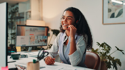 Talking, receptionist or woman in call center with headset for appointment, contact support or...