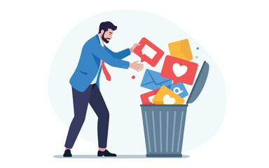 Social Media Addiction Throwing Away Likes and Notifications Smartphone Garbage Flat Design Pastel Colors Minimalist Illustration Vector