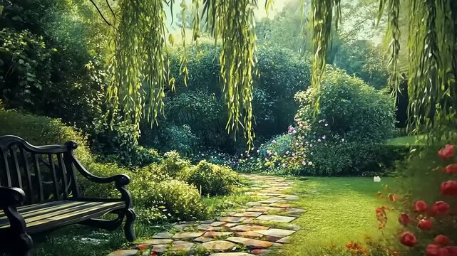 Serene garden pathway with blooming flowers and a rustic bench under willow trees