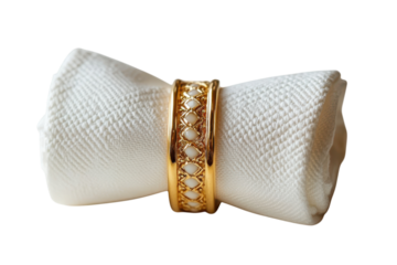 Elegant white napkin adorned with a gold and pearl napkin ring a luxurious detail for refined dining adding a touch of