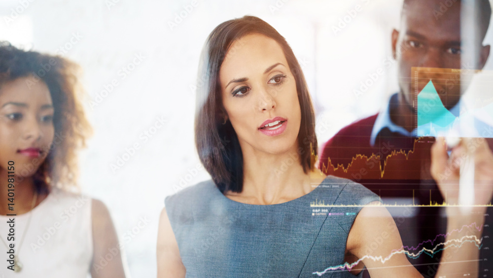 Aufkleber Technology, glass wall and group of business people in office with stock exchange data, graphs and statistics. Trading, finance and financial analyst team with digital touchscreen board for planning