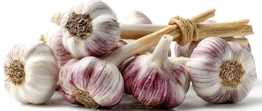 Garlic bulbs in fresh white on a white backdrop.