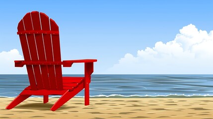 A vibrant red Adirondack chair on a sandy beach by the ocean.