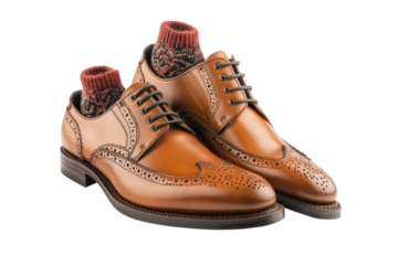 Exquisite tan leather brogue shoes with patterned socks showcasing fine craftsmanship and classic style against a black