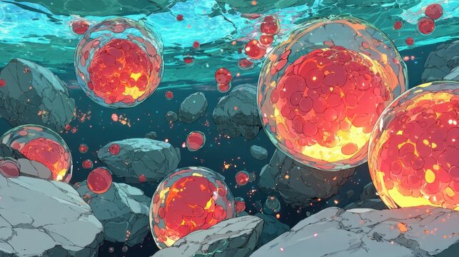 Vibrant Underwater Scene Featuring Glowing Bubbles and Organic Forms Interacting with Textured Rocks, Evoking a Sense of Magic and Mystery in a Colorful, Illustrative Style