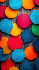 Colorful wooden speech bubbles arranged on dark wood background representing communication and ideas.