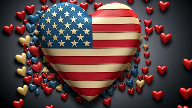 Textured Heart in American Flag Colors Amidst a Sea of Red and Blue Hearts for Independence Modern Day.