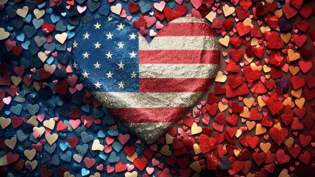 Textured Heart in American Flag Colors Amidst a Sea of Red and Blue Hearts for Independence Modern Day.