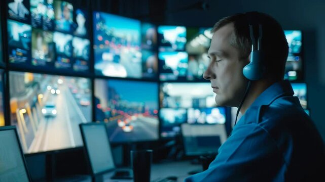 A man wearing headphones and a blue shirt is intently focused on a bank of numerous monitors displaying various surveillance feeds, possibly working in a security monitoring center