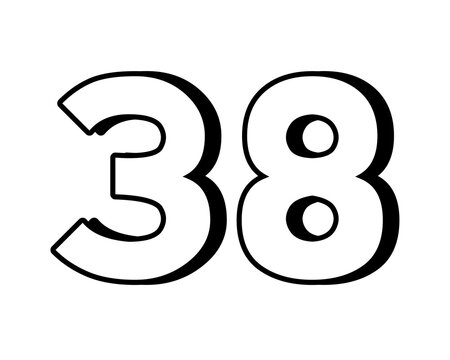 White number 38 on transparent background, with a bold, 3D appearance and shadow effects for added depth and dimension design elements