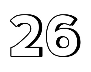 White number 26 on transparent background, with a bold, 3D appearance and shadow effects for added depth and dimension design elements