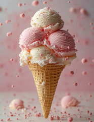 Floating Ice Cream Cone with Pink and White Scoops